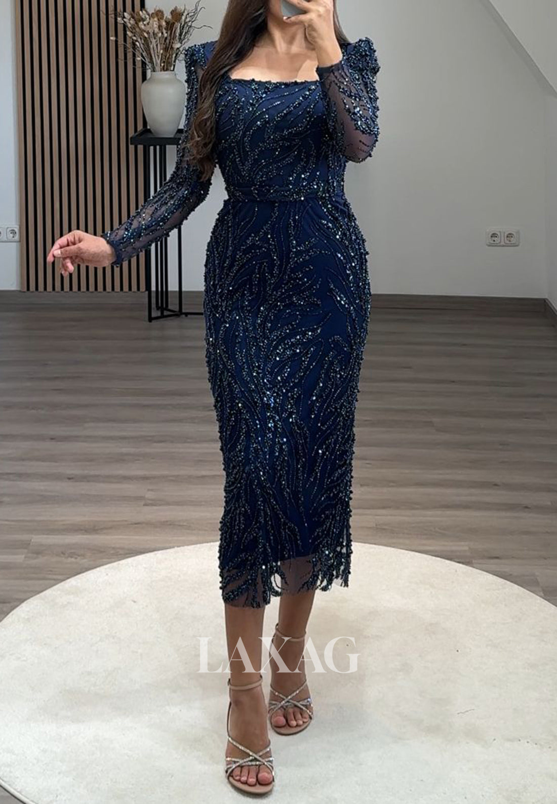 Square-Neck Long Sleeves Midi Mermaid Prom Dress Fully Sequined Beaded Pleated Evening Gowns