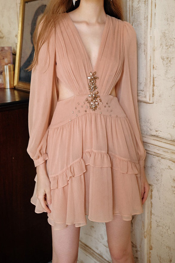 Embellished V-Neck Long Sleeve Tiered Chiffon Mini Dress