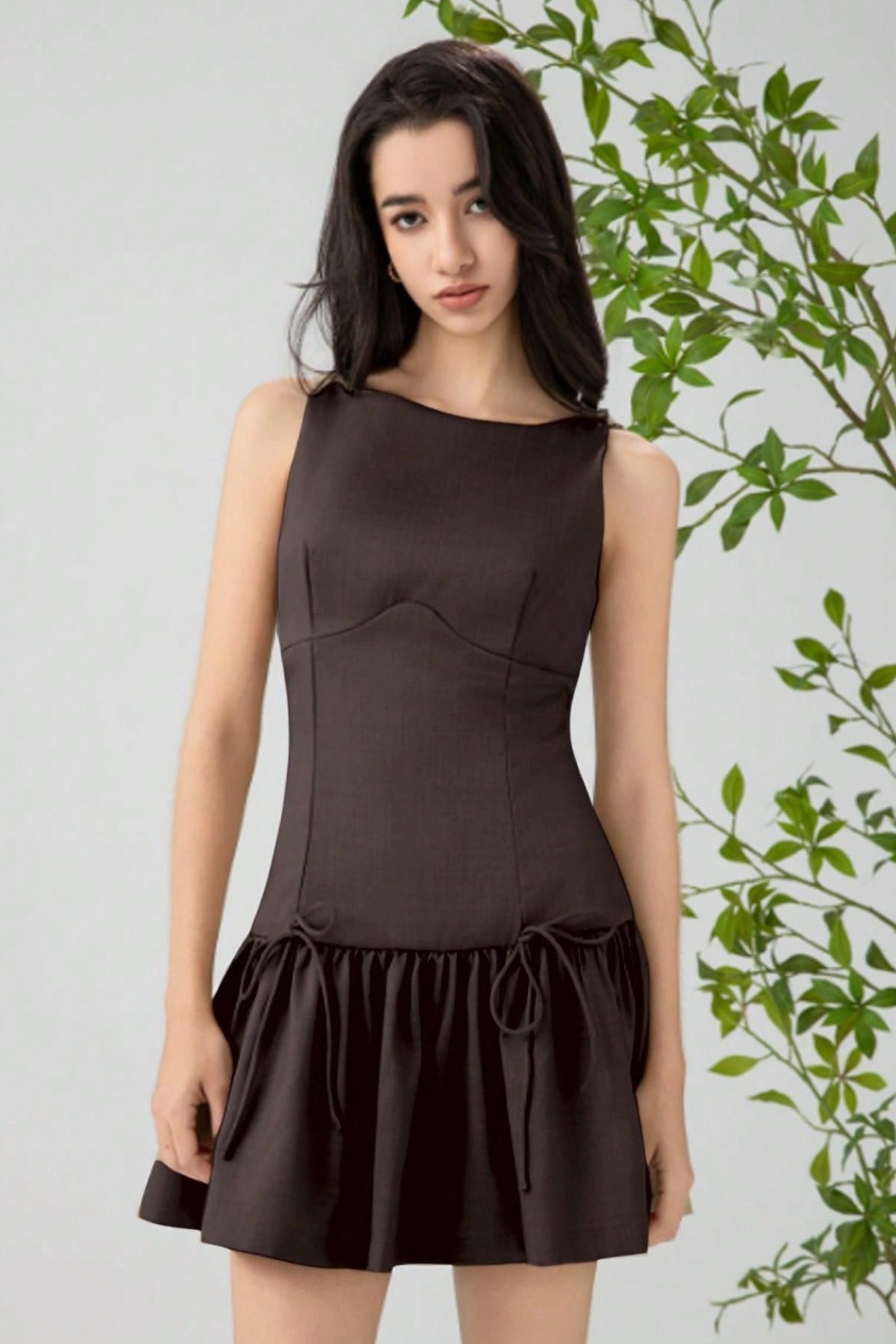 Solid Color Bow Sleeveless Mini Dress