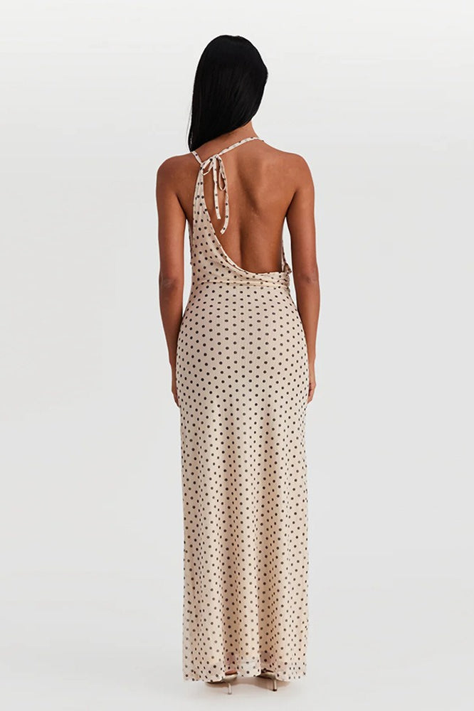 Polka Dot Halter Neck Sleeveless Maxi Dress - Fashionpara