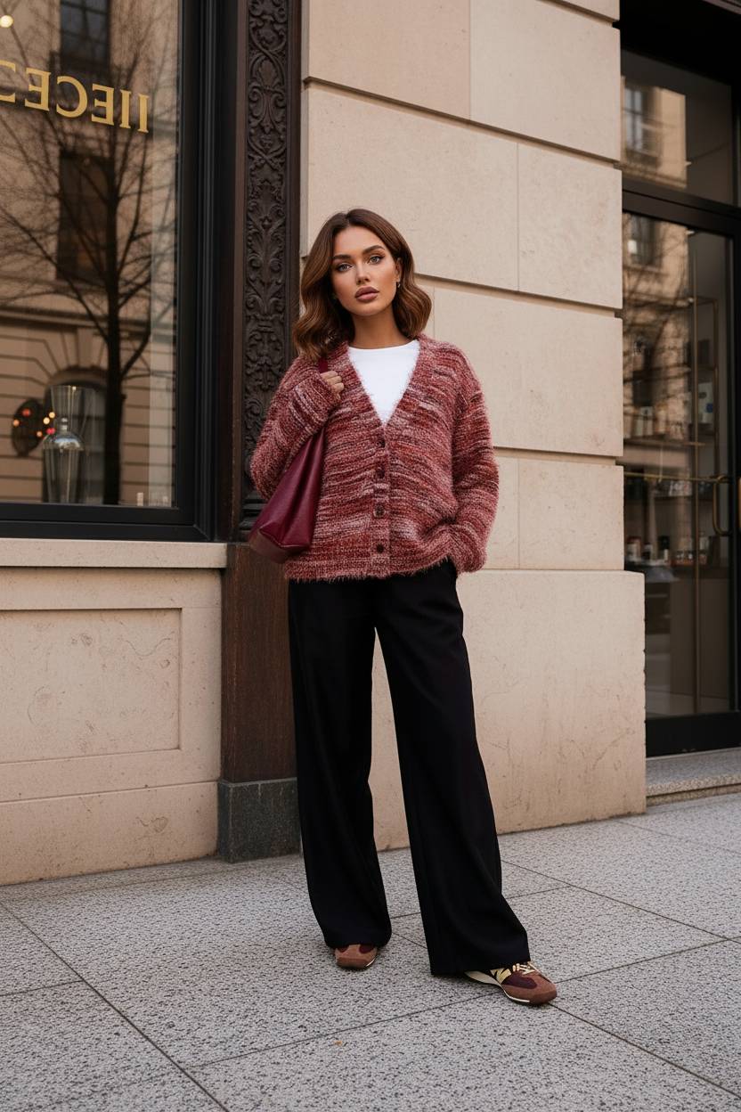 New Retro Fashion Deep V-Neck Maillard Plush Long-Sleeve Knit Cardigan - Fashionpara