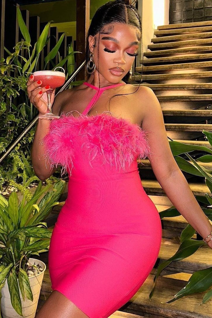 Bandage Halter Neck Feather Trim Bodycon Mini Dress