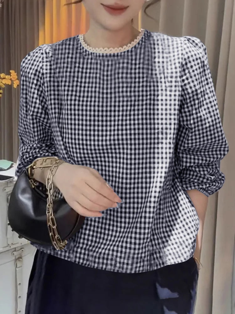 Elegant Lace Trim O Neck Checked Puff Sleeve Smock Blouse