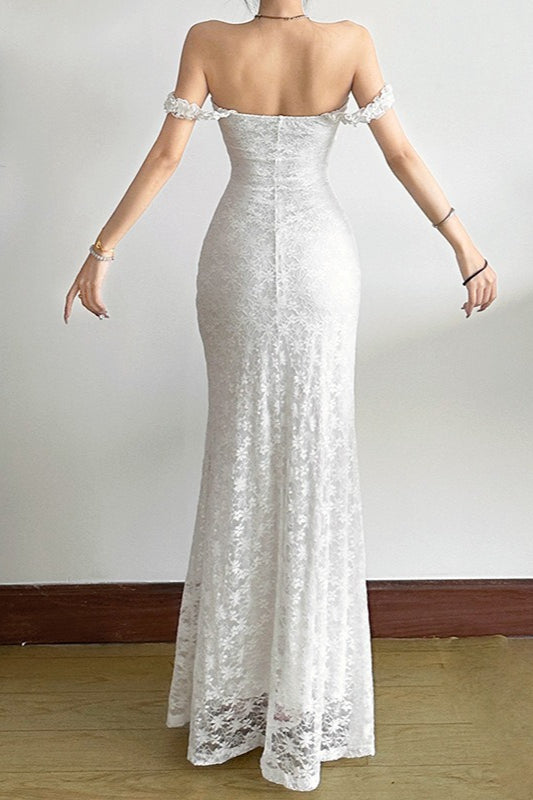 Floral Lace Off-Shoulder Short Sleeve Mermaid Maxi Dress 9