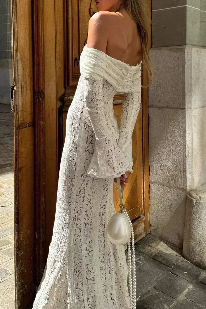 White Off Shoulder Long Sleeve Lace Maxi Dress - View 3