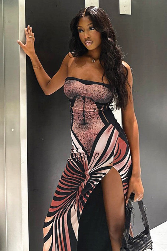 Abstract Print Strapless High Split Maxi Dress