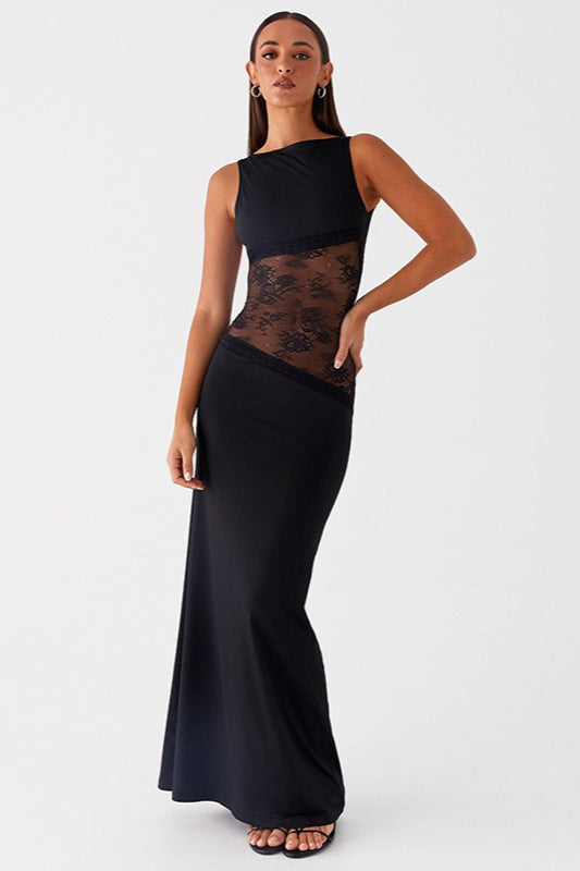 Lace Panel High Neck Backless Mermaid Maxi Dress