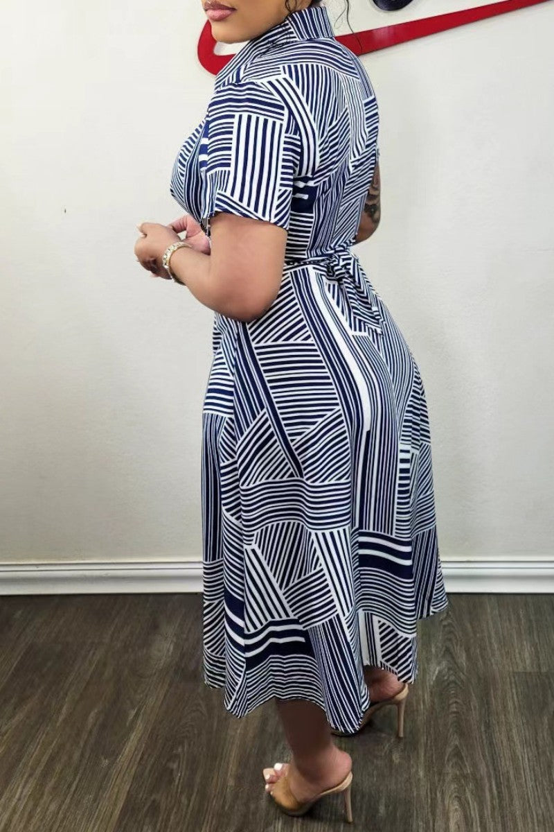 Casual Print Patchwork Turndown Collar Short Sleeve Dress Fashionpara