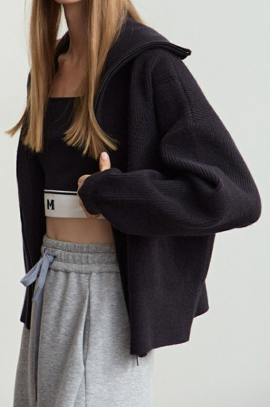 Thick Knit Zip Cardigan with Naval Collar for Cozy Elegance