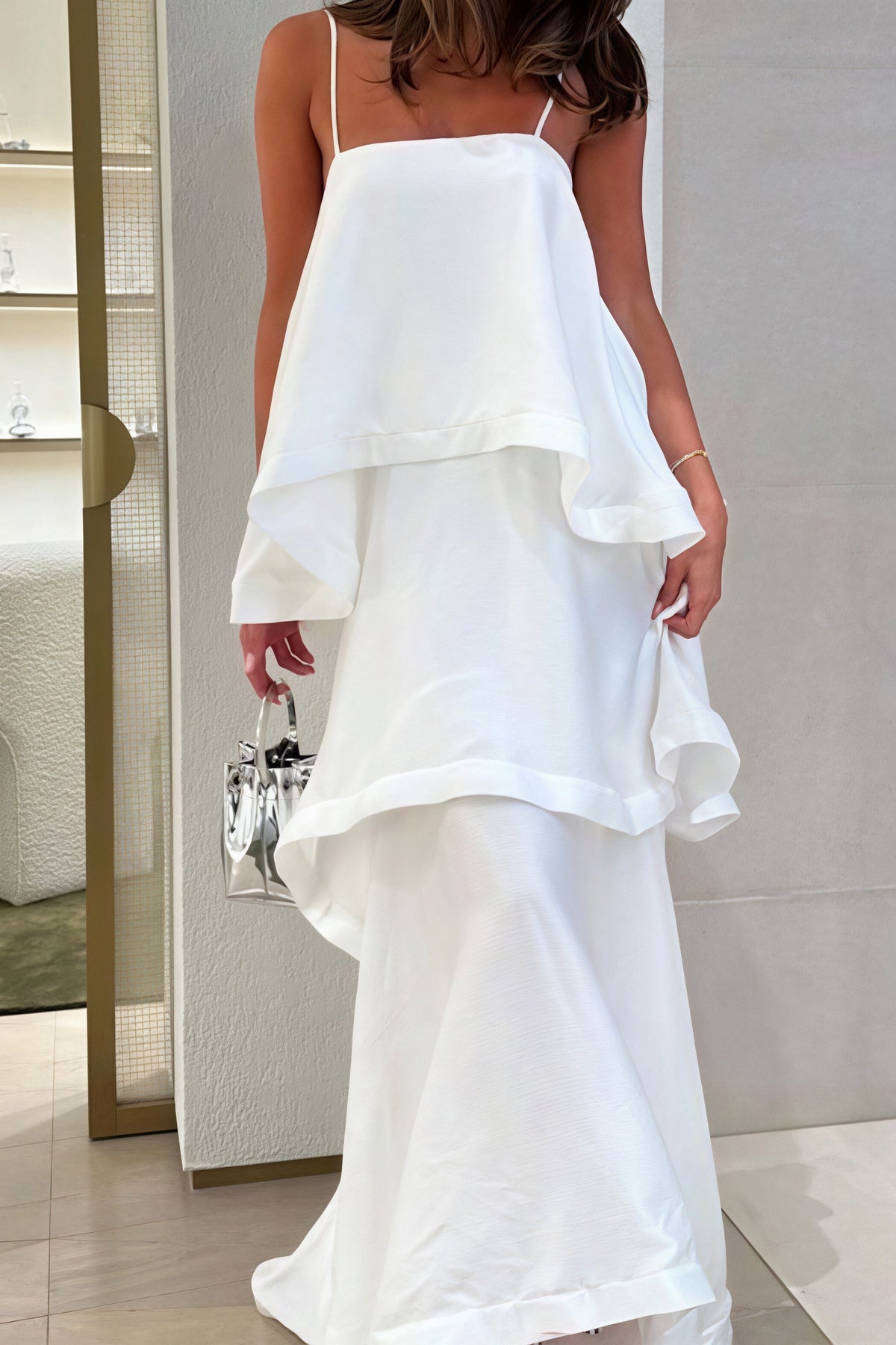 Spaghetti Strap Tiered Ruffle High Low Maxi Dress
