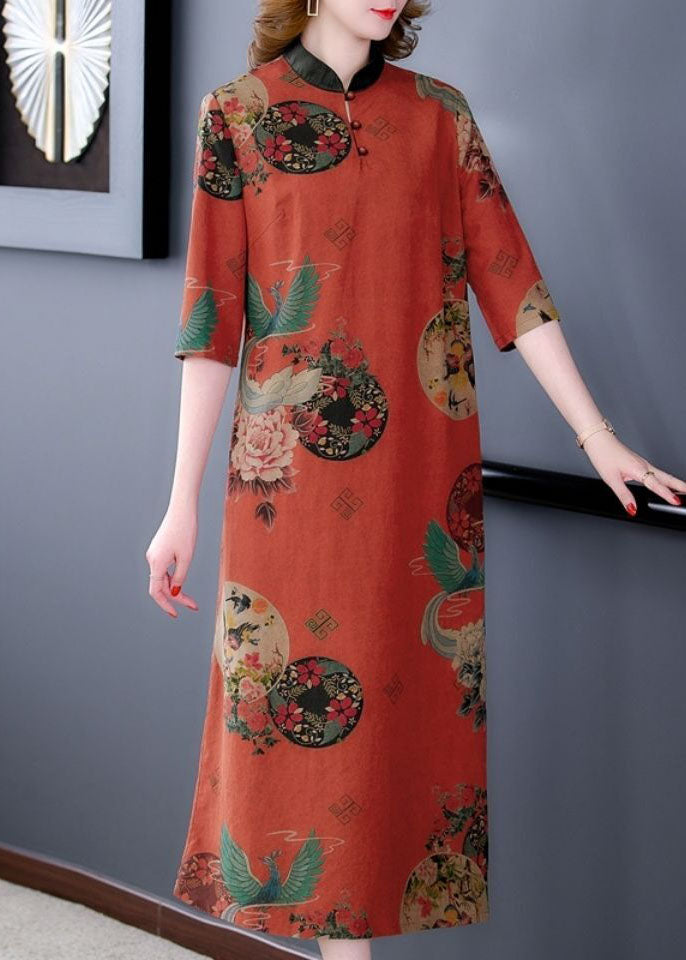 Medallion Print Mandarin Collar Frog Button Half Midi Dress - View 4