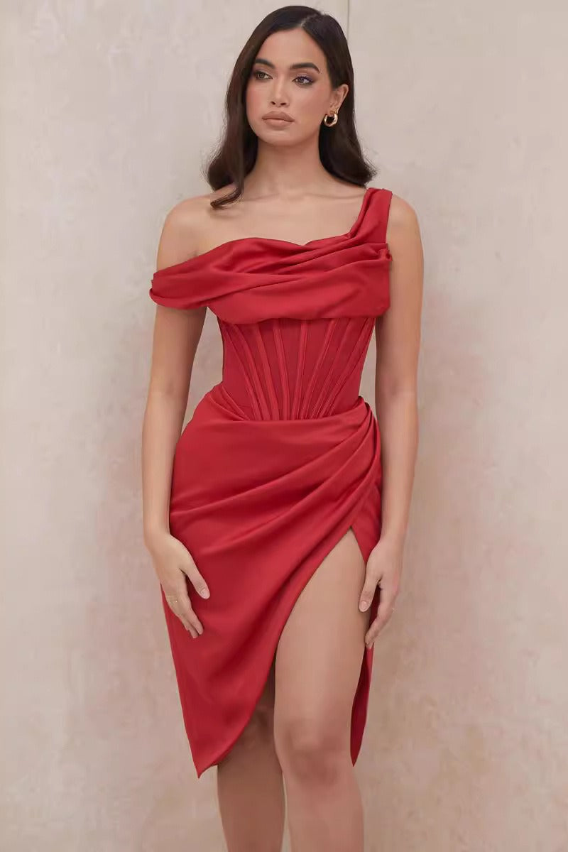 One Shoulder Asymmetric Slit Party Dress - Fashionpara