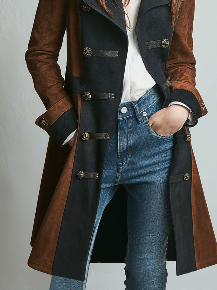 Retro Contrast Color Military Style Eco-friendly Suede Coat - Fashionpara