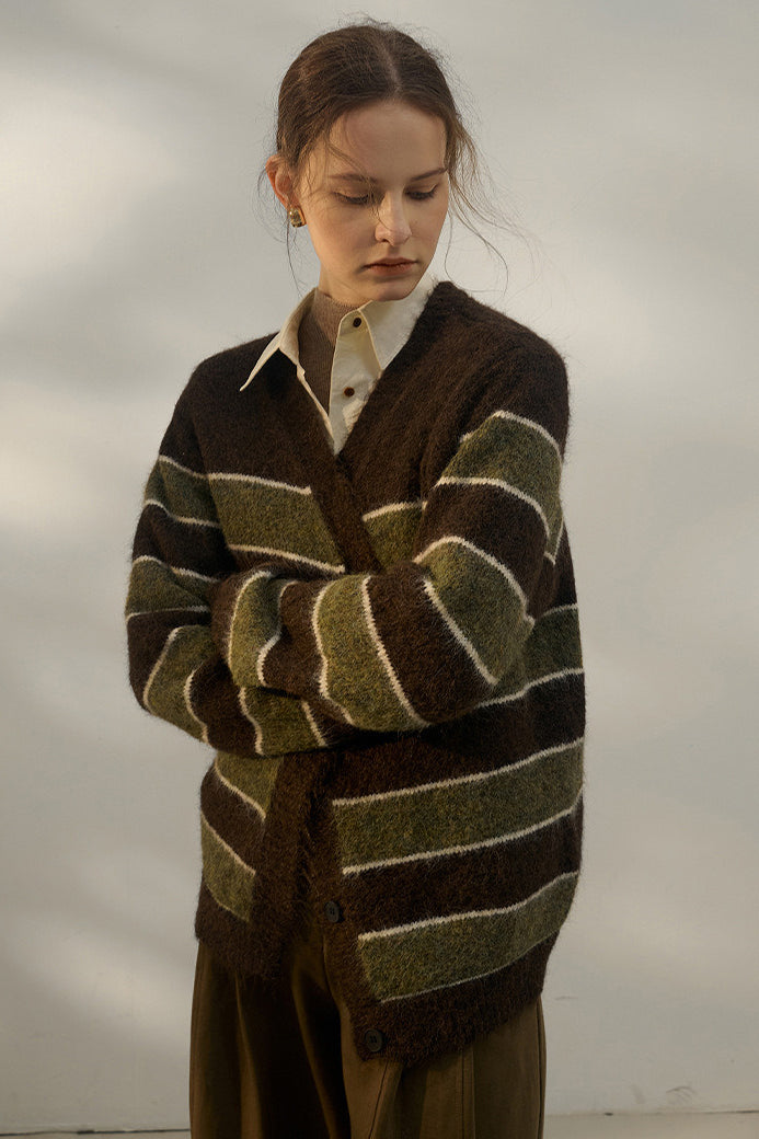 Stylish Oversized Stripe V Neck Knit Cardigan for Comfort