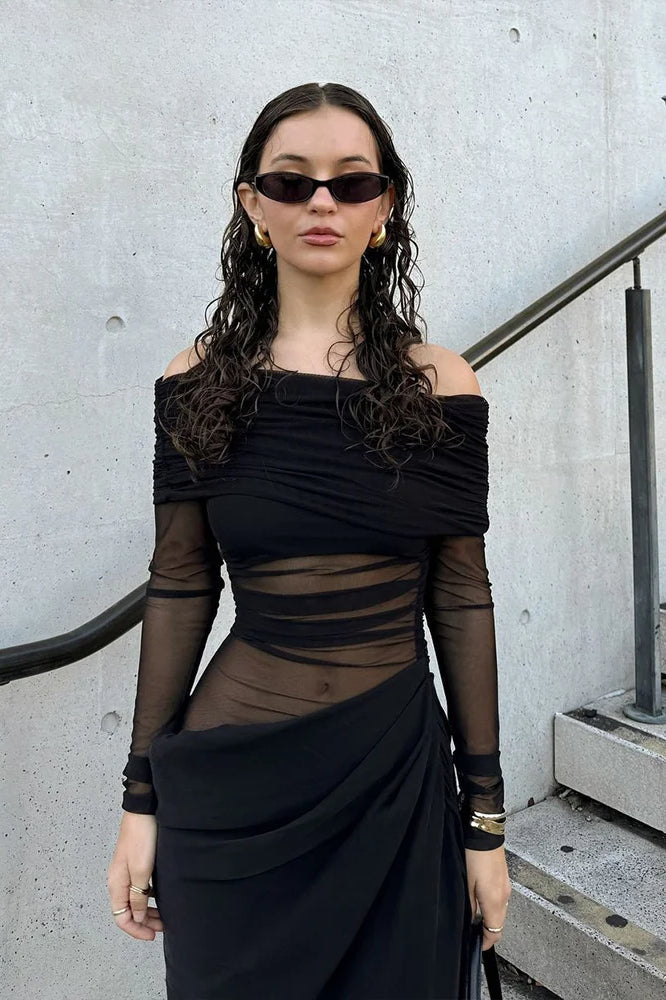 Cutenew Mesh Ruched Maxi Dress