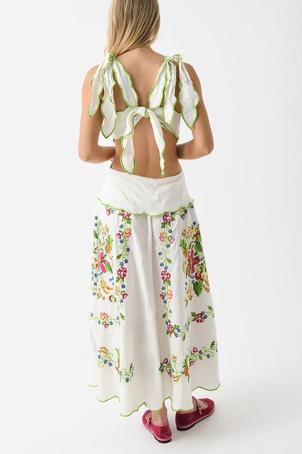 Tropical Romance Printed Tie-up Cutout Waist Midi Dress - Fashionpara