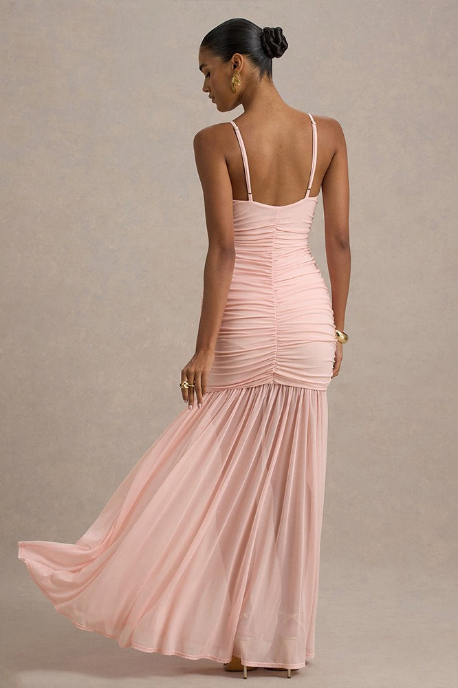 Satin Spaghetti Strap Plunge Ruched Maxi Dress - View 8