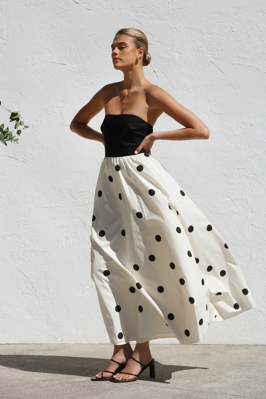 Polka Dot Print Strapless A-Line Maxi Dress - Fashionpara