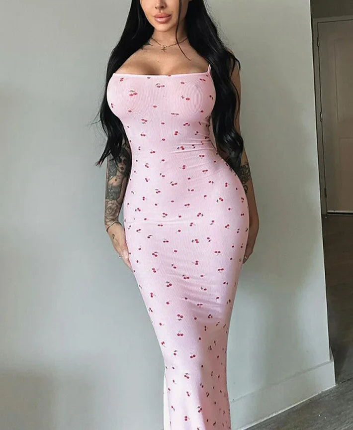 Cherry Print Square-Neck Ribbed Bodycon Maxi Dress