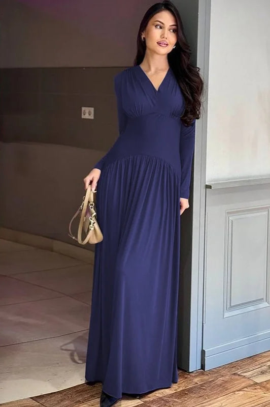 V-Neck Long Sleeve Empire Waist Maxi Dress