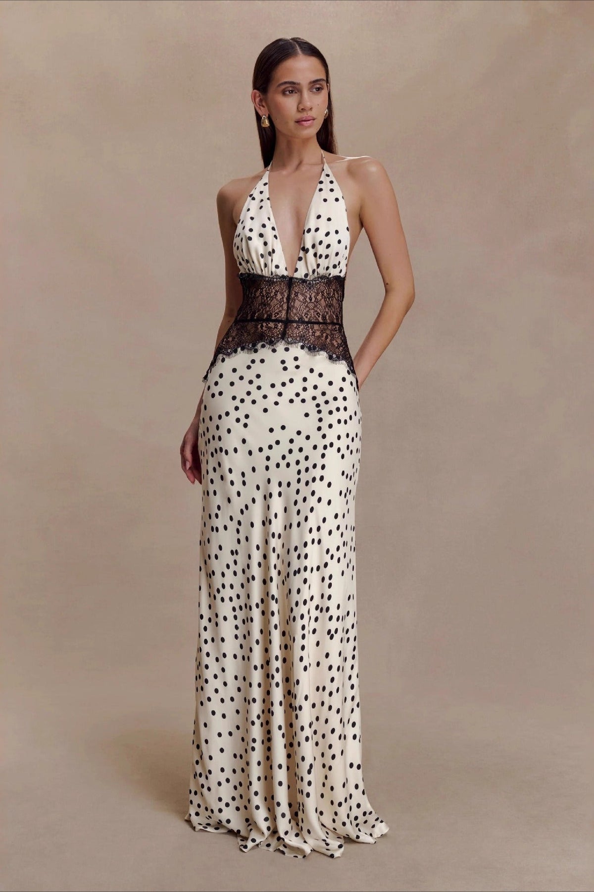 Polka Dot Halter Neck Lace Waist Satin Maxi Gown