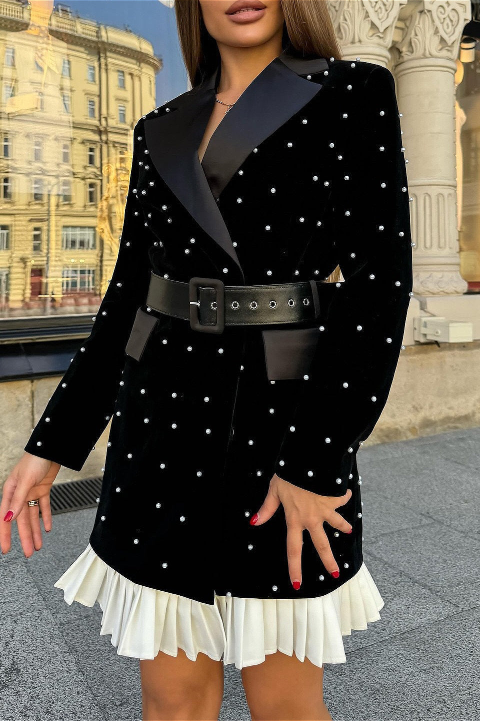 Pearl Studded Satin Lapel Belted Ruffle Hem Blazer Mini Dress - View 2