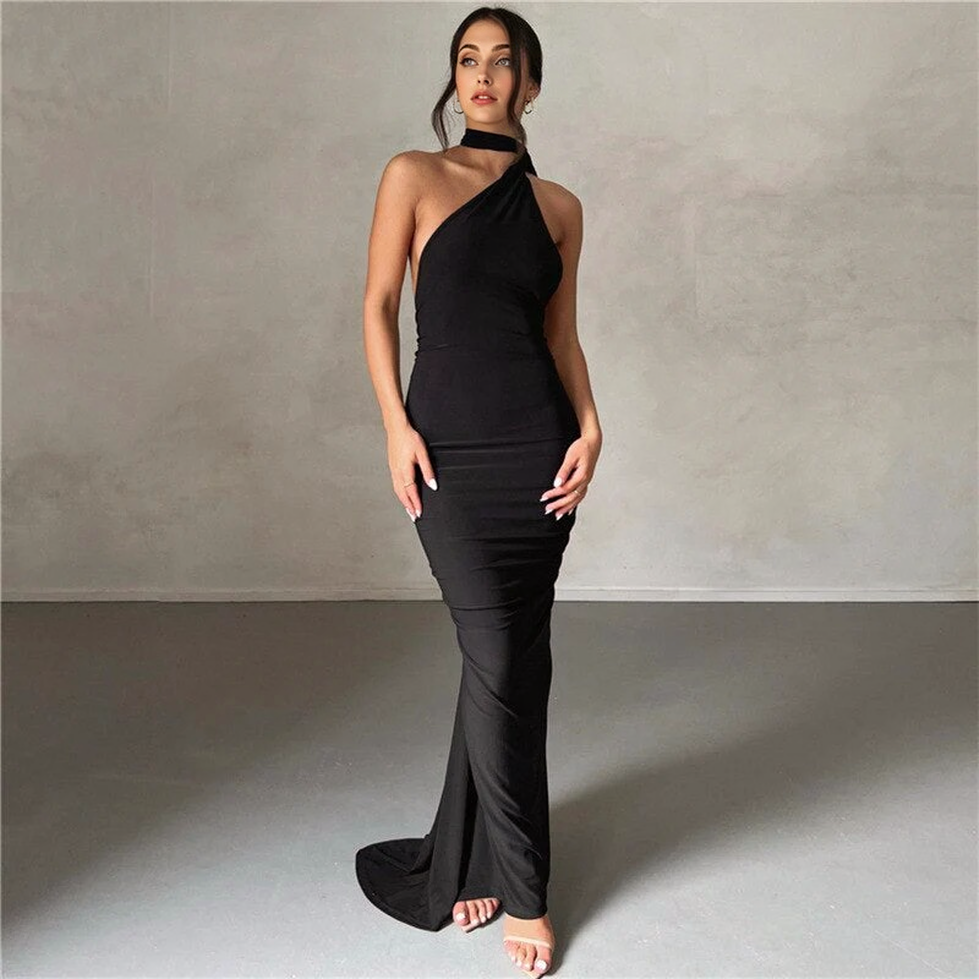 One-Shoulder Asymmetric Choker Neck Bodycon Maxi Gown