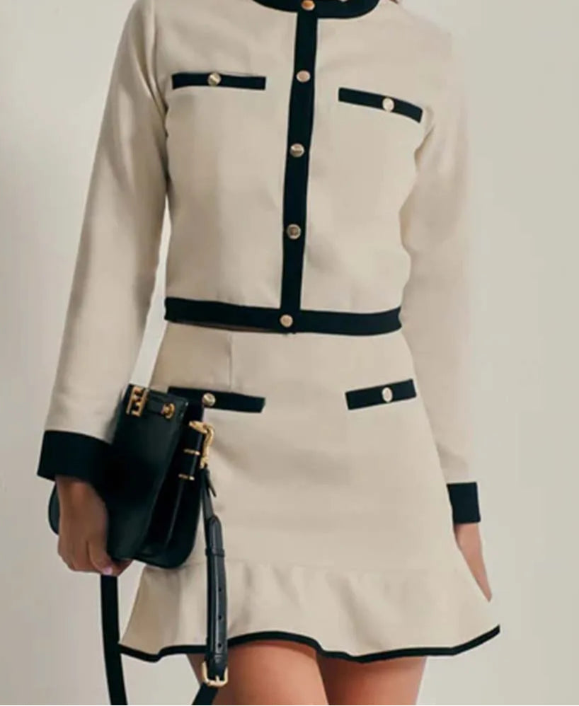 Beige Patchwork Pockets Mini Office Two Piece Set