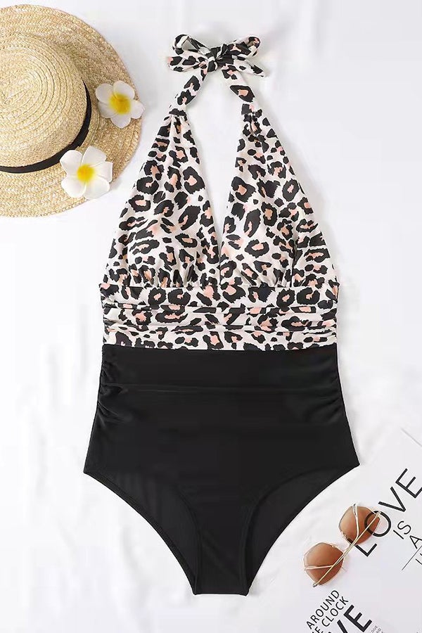 Deep V Open Back Leaf Print One-piece Swimsuit - Fashionpara
