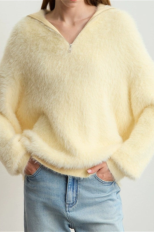 Faux Mink Slouchy Turtleneck Zip-Front Sweater