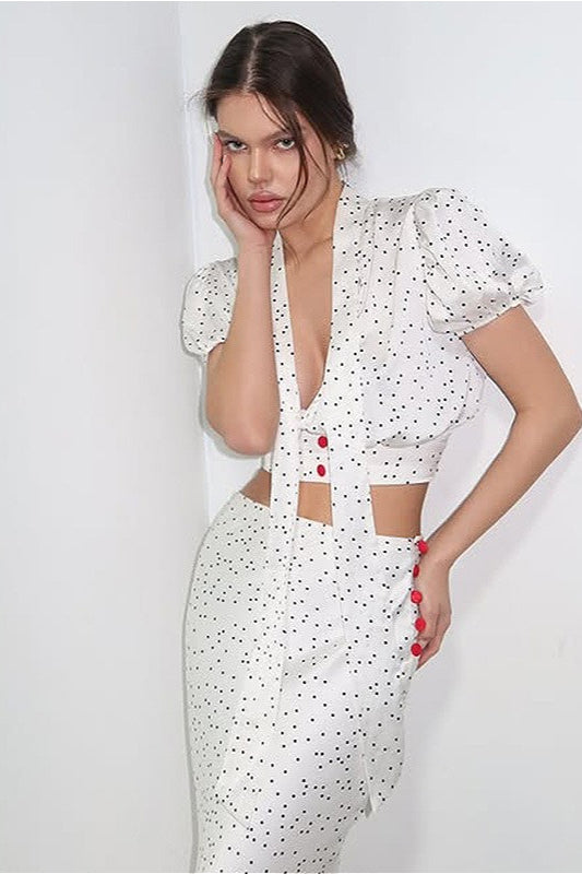 Polka Dot V-Neck Maxi Two Pieces Set - Fashionpara