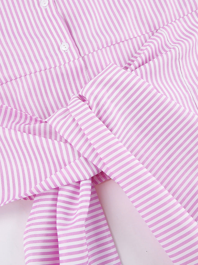 Striped Tie Waist Long Sleeve Blouse - Fashionpara