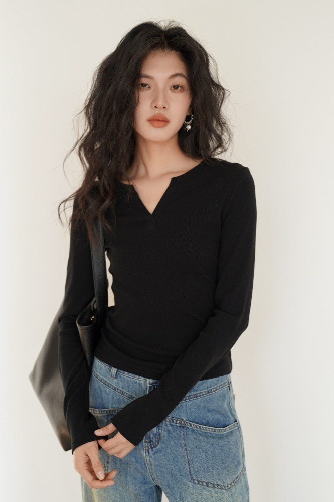 Heather Grey Fitted V-Neck Long-Sleeve Knit Top