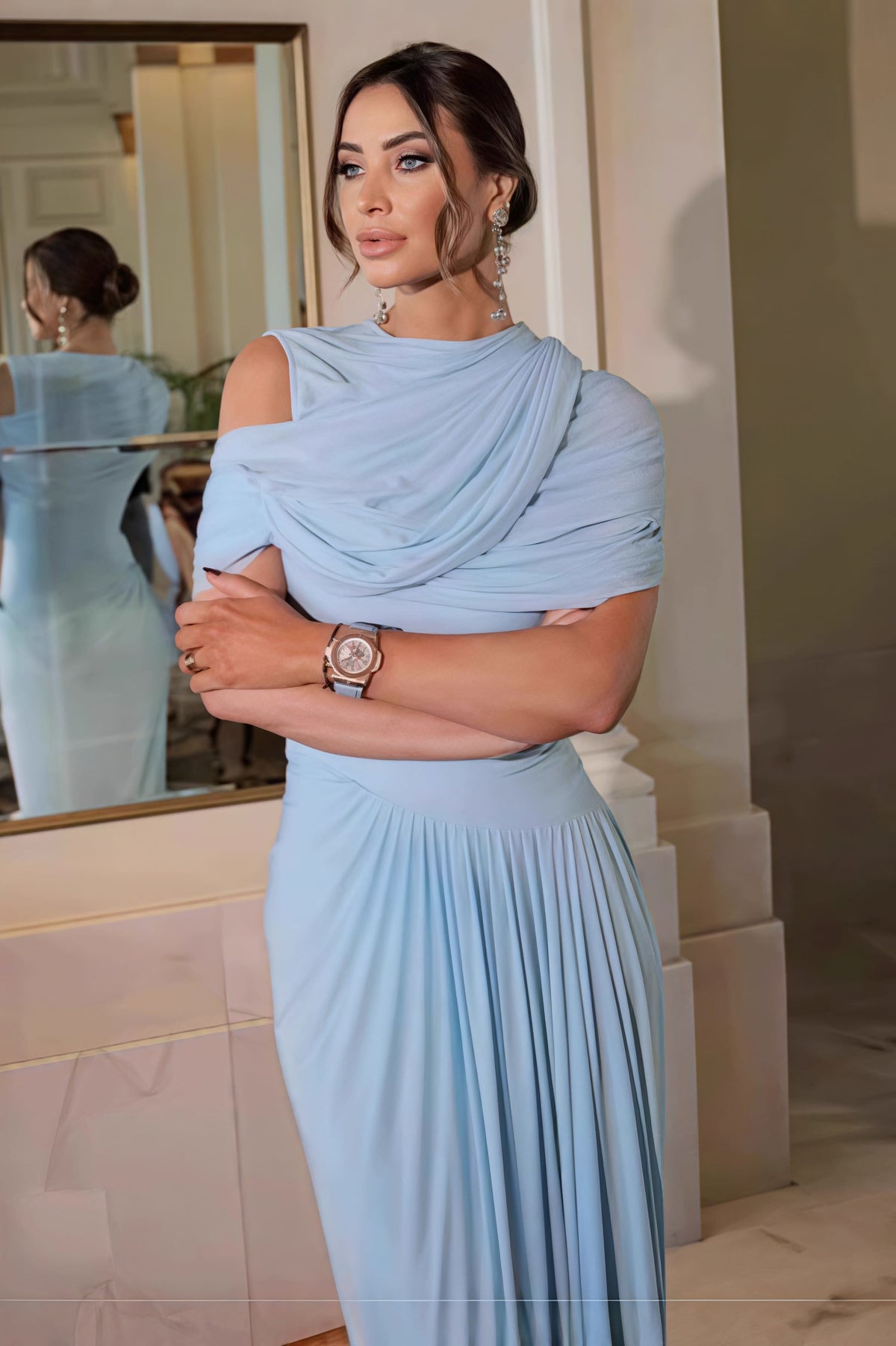 Draped Cowl Neck Sleeveless Pleated Gown