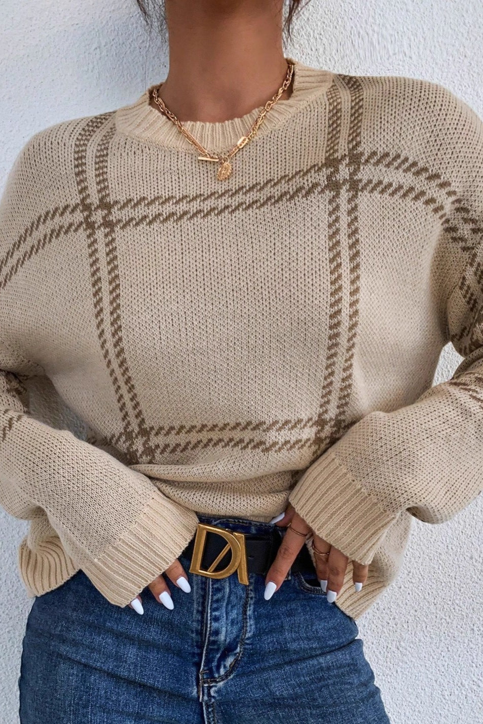 Plaid Stripe Crew Neck Knit Sweater