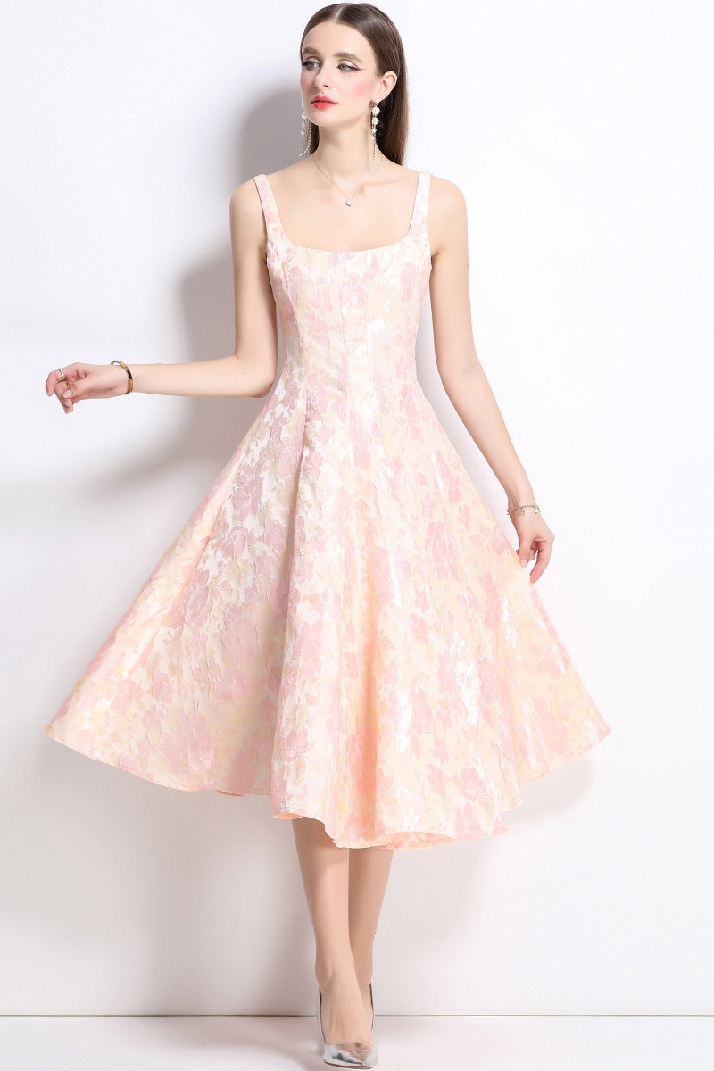 Floral Jacquard Square Neck Fit and Flare Midi Dress