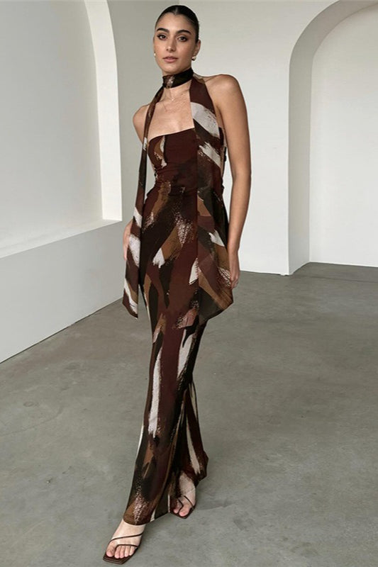Abstract Print Halter Neck Scarf Tie Mermaid Maxi Dress