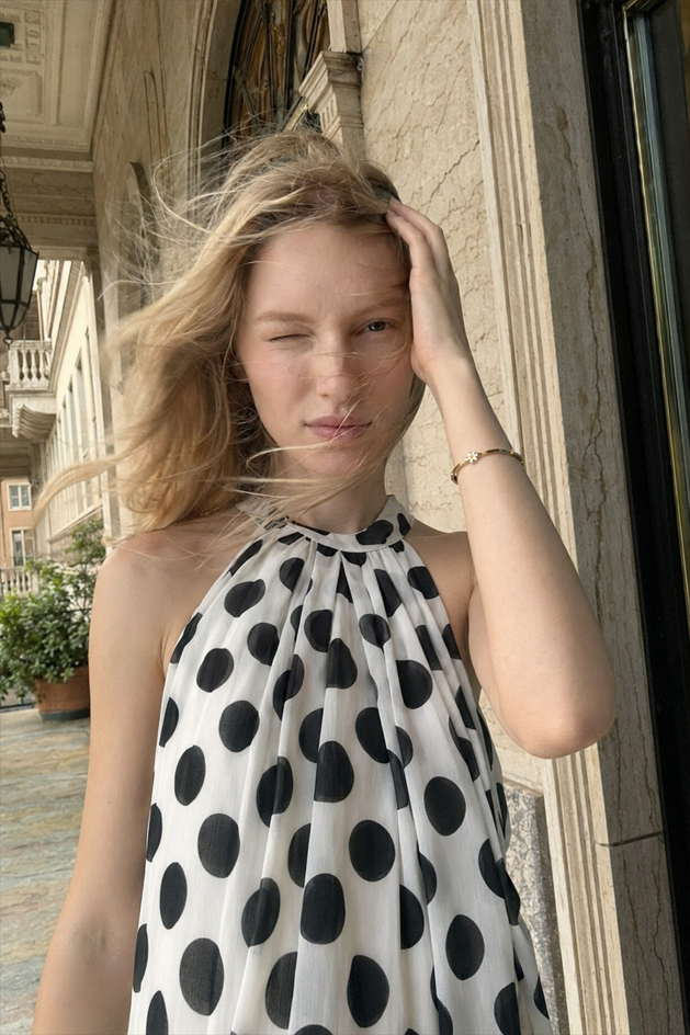 Polka Dot Halter Neck Sleeveless Trapeze Dress