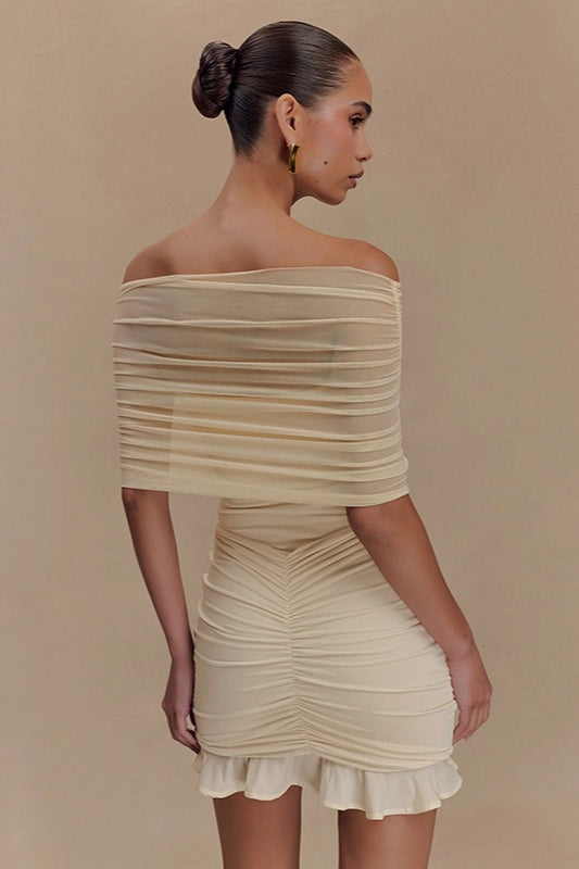 Mesh Off Shoulder Ruched Ruffle Hem Mini Dress 4