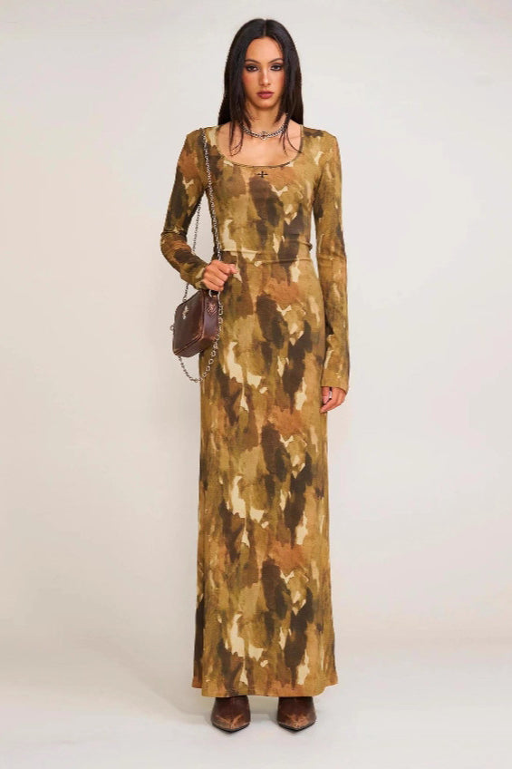 Abstract Print Square Neck Long Sleeve Maxi Dress 2
