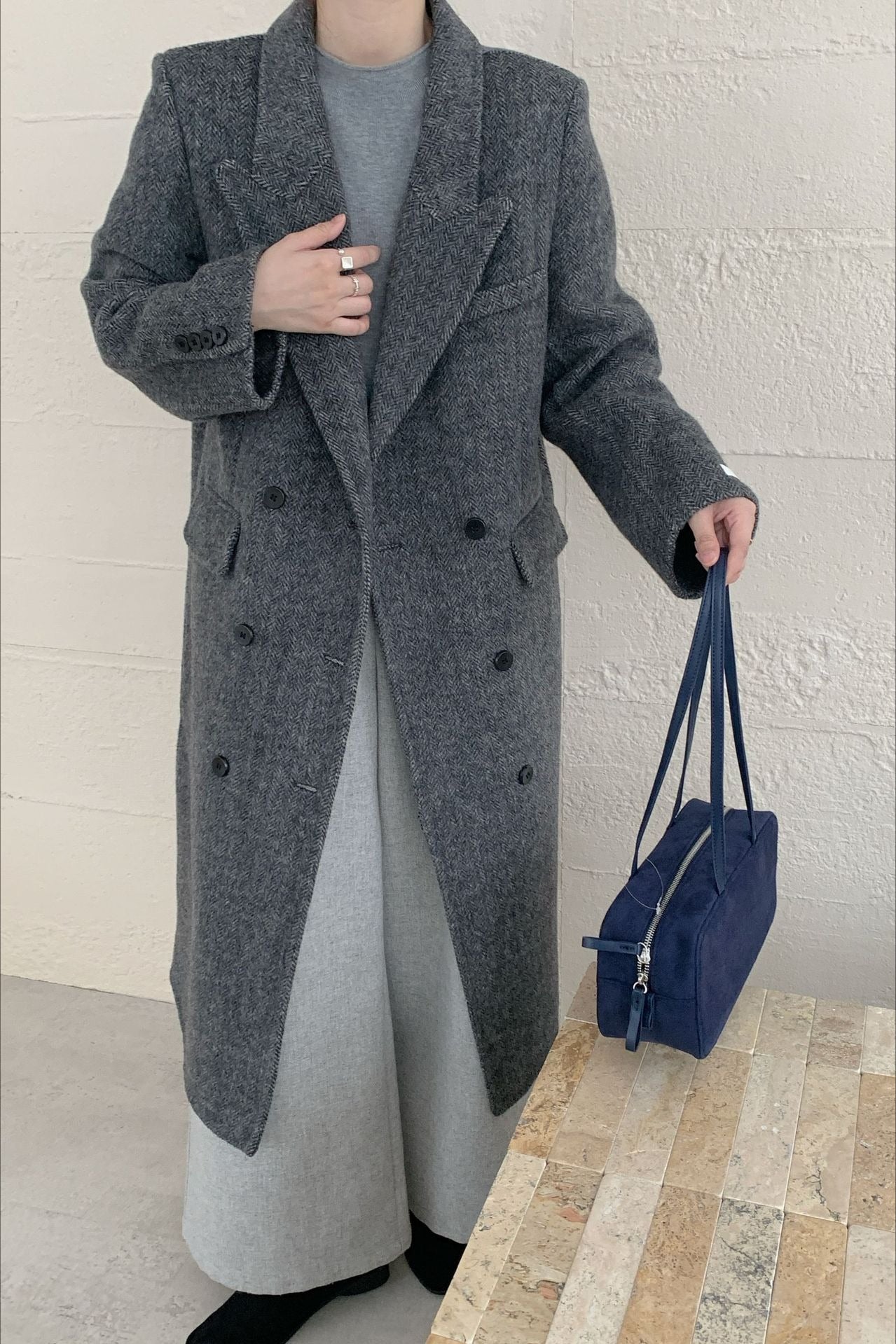 Double-Faced Wool Long Overcoat with Notched Lapel Design