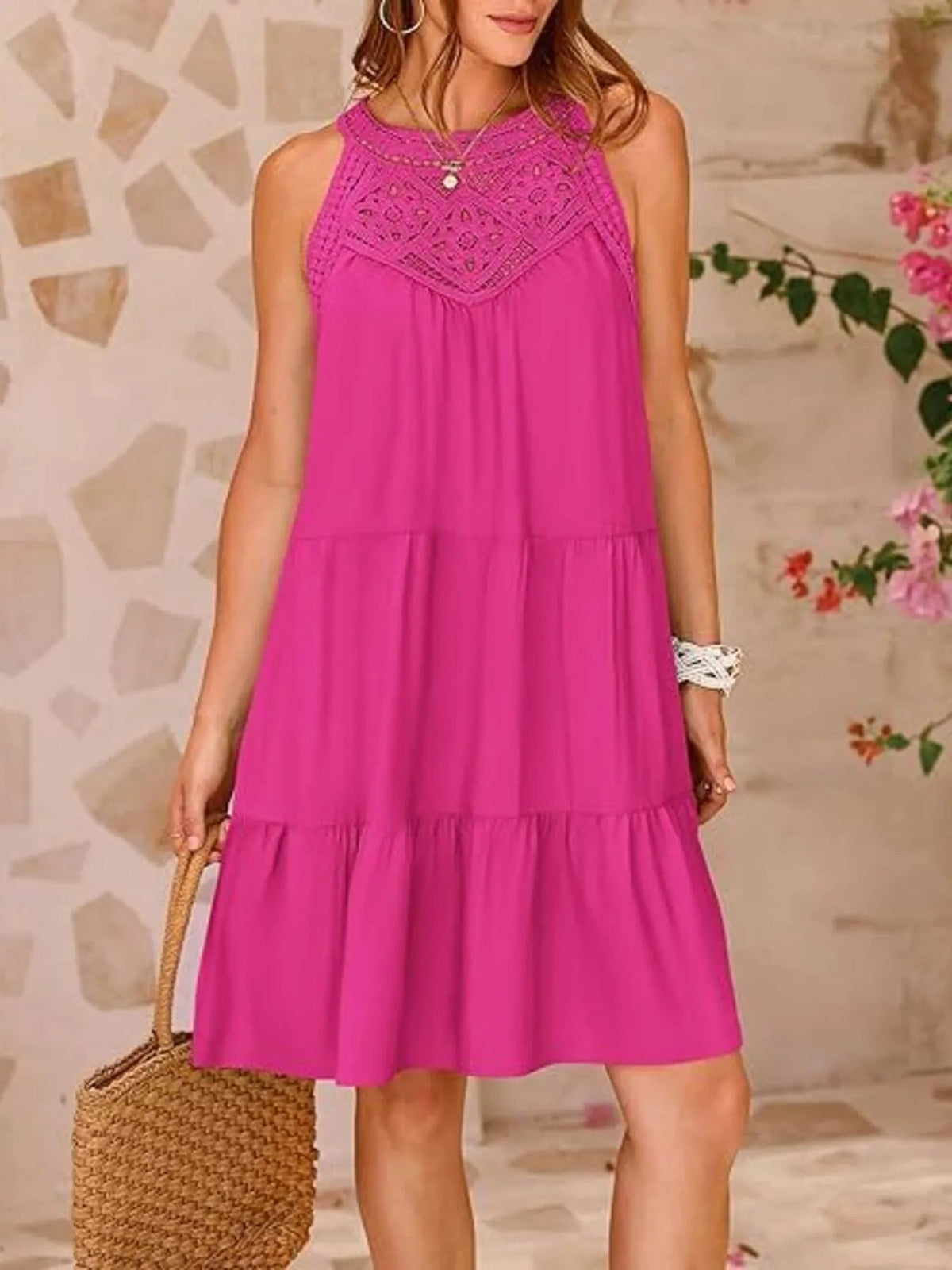 Halter Neck Crochet Lace Yoke Sleeveless Tiered Mini Dress