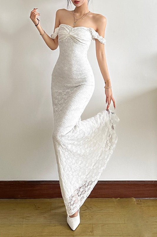 Floral Lace Off-Shoulder Short Sleeve Mermaid Maxi Dress 7