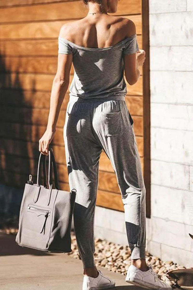 Short Sleeve Solid Color One Shoulder Casual Wear Jumpsuit Fashionpara