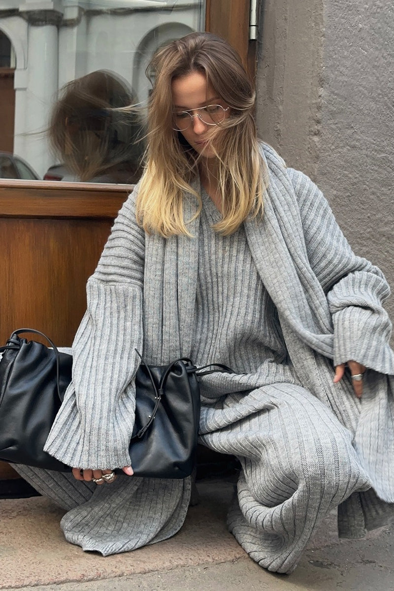 Relaxed Fit V Neck Ribbed Sweater with Pants Two Piece Pants Set