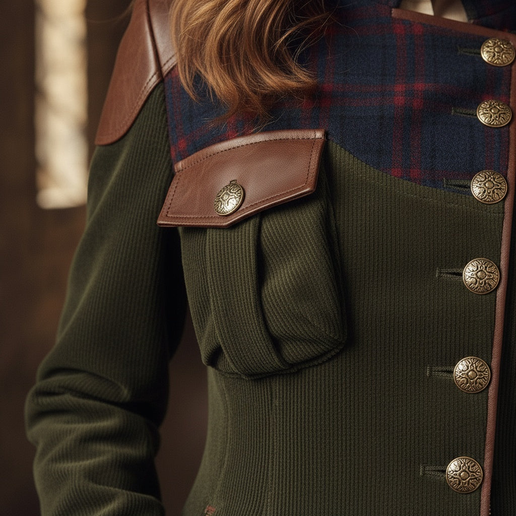 Forest Green Military-Inspired Coat with Plaid and Leather Accents - Fashionpara