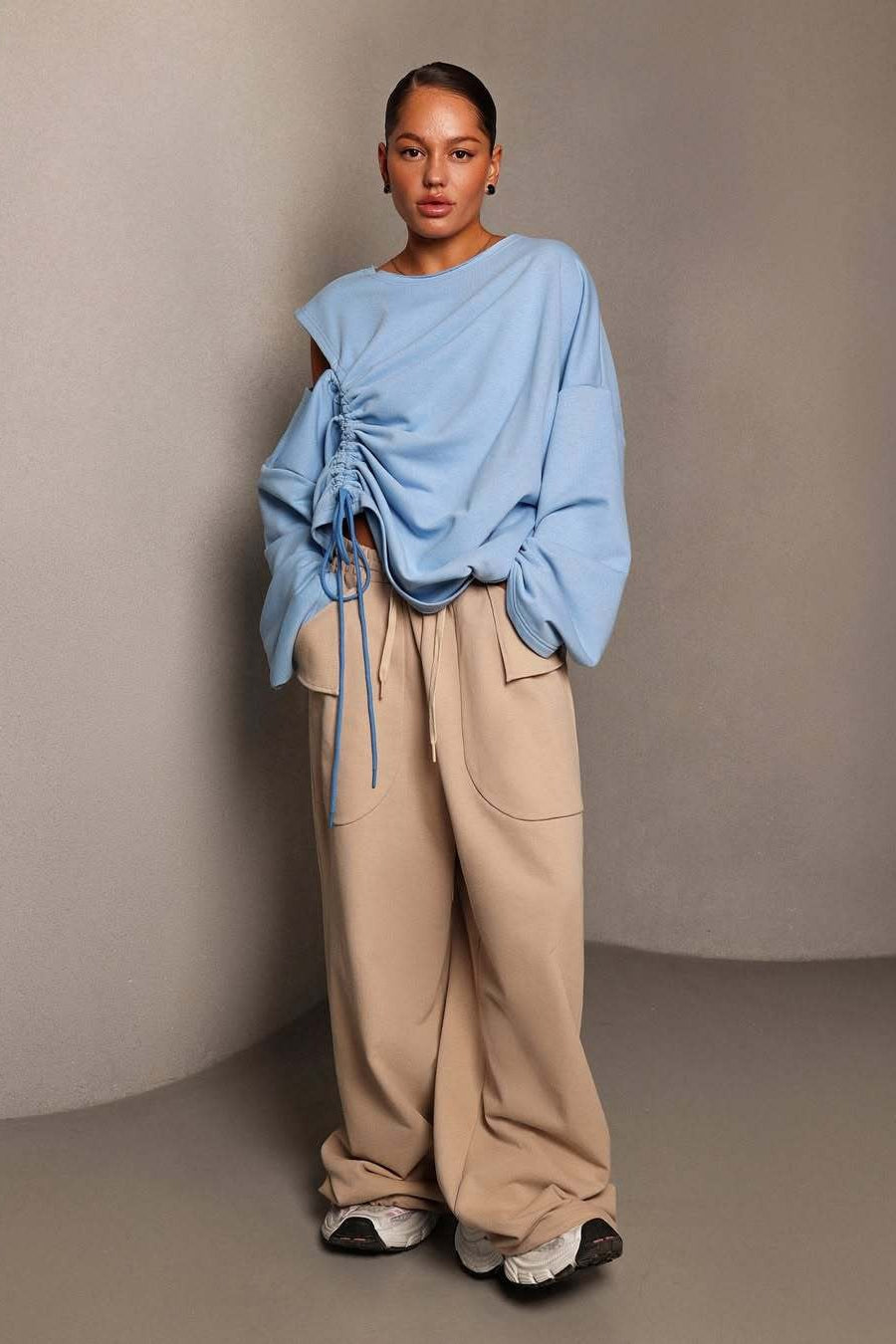 Structured Round Neck Pullover Drawstring Blouse