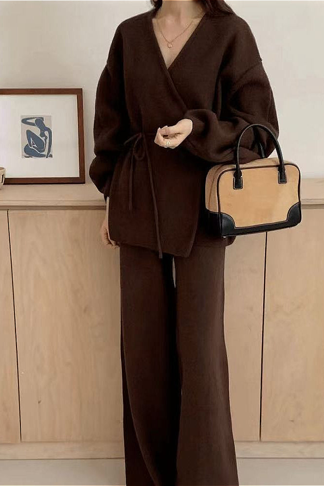 Chic PrincessAce Loose Belted Cardigan and Wide-Leg Pants Set