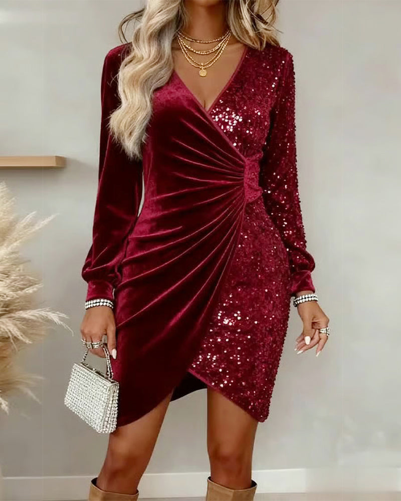 Velvet Sequin V-Neck Long Sleeve Ruched Wrap Mini Dress