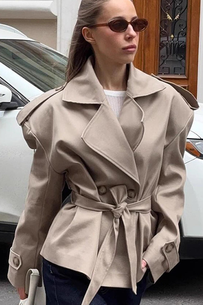 Khaki Lapel Belted Slim Long Sleeve Trench Coat